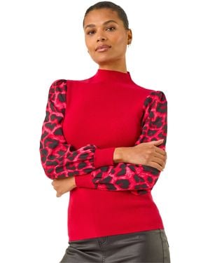 Roman Animal Print Mesh Sleeve Knit - Red