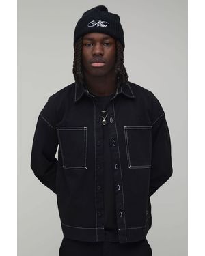 BoohooMAN Regular Fit Contrast Stitch Twill Boxy Overshirt - Black