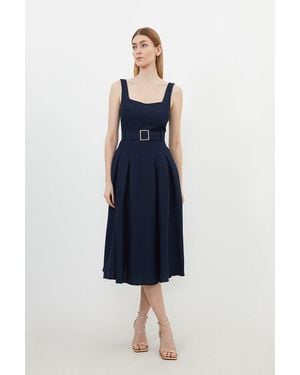 Karen Millen Tall Premium Tailored Linen Square Neck Belted Midi Dress - Blue