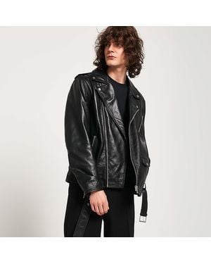 Barneys Originals Real Leather Belted Asymmetric Biker - Black