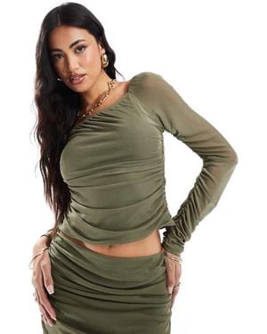 ASOS Co-Ord Mesh Long Sleeve Ruched Top - Green