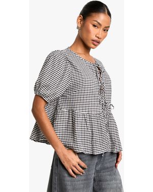 Boohoo Gingham Tie Front Puff Sleeve Smock Top - Grey