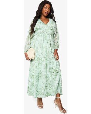 Boohoo Plus Floral Chiffon Ruched Blouson Sleeve Maxi Dress - Green