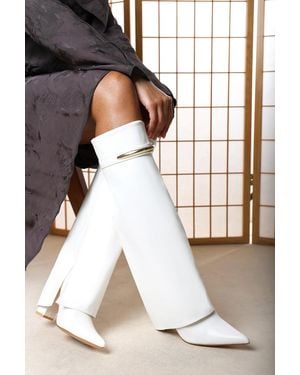Where's That From Wheres Nareva Fold Over Shark Block Heel Point Toe Boots With Trim Detail - White