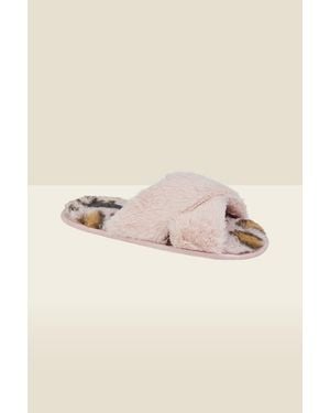 Sosandar Leopard Print Cross Strap Faux Fur Mule Slippers - Natural