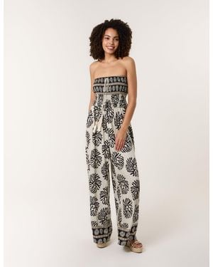 Blue Vanilla Strapless Elasticated Printed Jumpsuit - White
