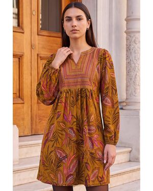 Roman Leaf Embroidered Panel Dress - Brown