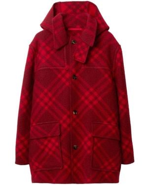 Burberry Wool Check Parka Jacket - Red