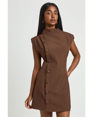 Boohoo Tailored Sleeveless Asymmetric Button Down Mini Dress - Brown