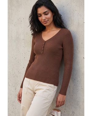 Roman Button Rib Knit Jumper - Brown