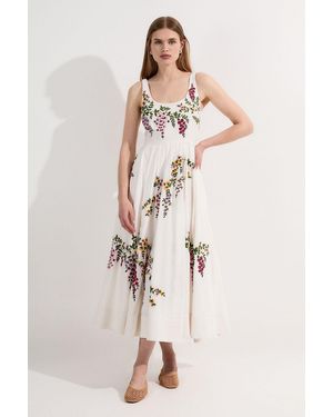 Karen Millen Petite Embroidered Cotton Linen Woven Prom Dress - Natural