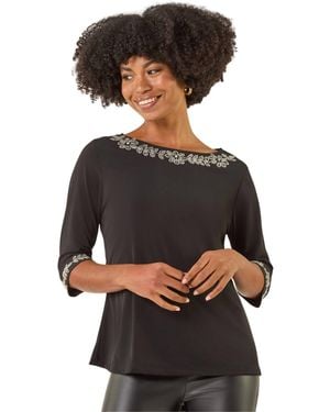 Roman Embellished Stretch Tunic Top - Black