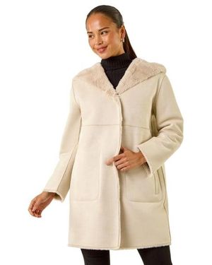 Roman Petite Faux Sheepskin Hooded Coat - Natural