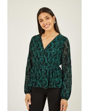 Mela London Velour Printed Long Sleeve Wrap Top - Green