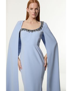 Karen Millen Crystal Embellished Viscose Crepe Woven Cape Maxi Dress - Blue
