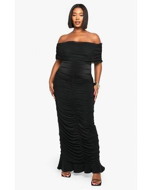 Boohoo Plus Mesh Bardot Ruched Maxi Dress - Black