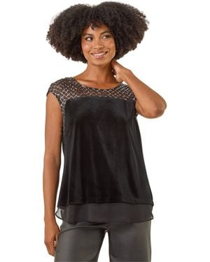 Roman Velvet Sequin Mesh Top - Black