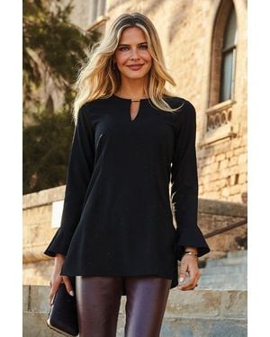 Sosandar Keyhole Detail Fluted Cuff Tunic Top - Black