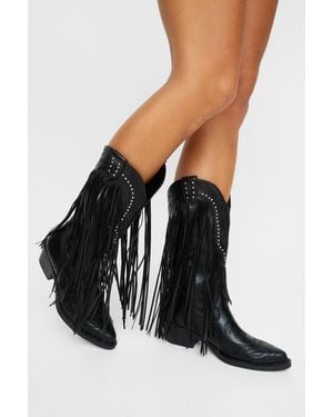 Nasty Gal Faux Leather Tassel Studded Western Boots - Black