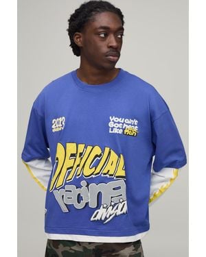 BoohooMAN Oversized Boxy Official Moto Faux Layer T-Shirt - Blue