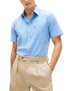 Tommy Hilfiger Shirt Oxford Lightweight Short Sleeve Regular Fit Summer Top - Blue