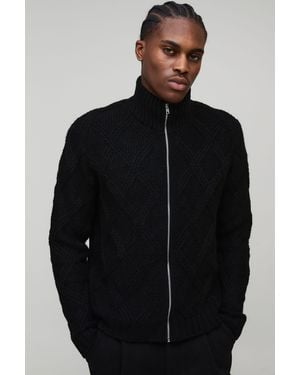 BoohooMAN Boxy Cross Hatch Zip Thru Knitted Jacket - Black