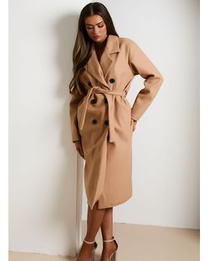 Femme Luxe Double Breasted Button Detail Belted Trench Coat - Natural
