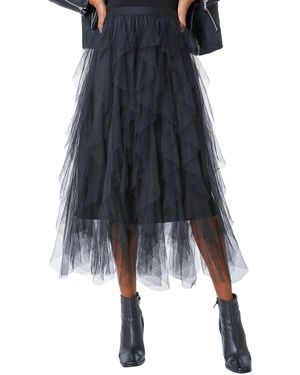 Roman Elastic Waist Mesh Layered A Line Skirt - Black