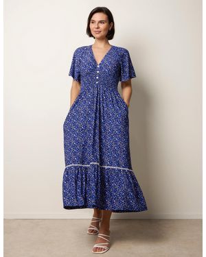 Blue Vanilla Ditsy Floral Button Front Raglan Trim Dress - Blue