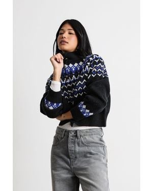 Oasis Fairisle High Neck Chunky Knit Cardigan - Blue