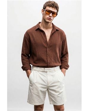 Bianco Lucci Oversized Textured Button-Front Shirt - Brown