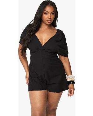 Boohoo Plus Linen Look Tie Puff Sleeve Playsuit - Black