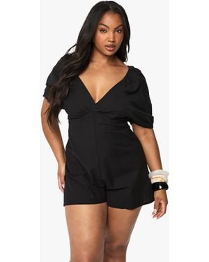 Boohoo Plus Linen Look Tie Puff Sleeve Playsuit - Black