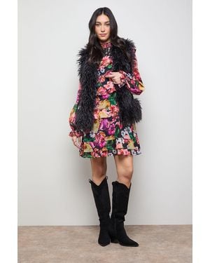Oasis Printed Chiffon Lace Detail Tiered Long Sleeve Mini Dress - Multicolour