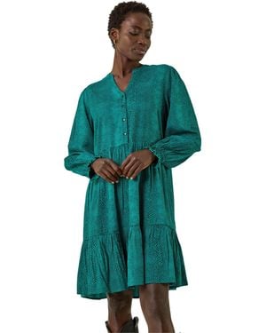 Roman Dot Print Buttoned Dress - Green