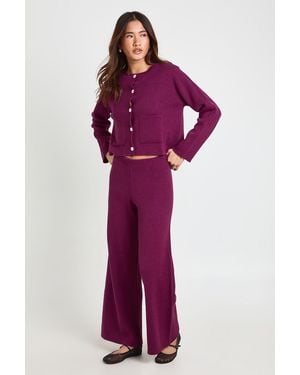 Boohoo Petite Pocket Detail Crew Neck Knitted Cardigan And Wide Leg Trouser - Purple