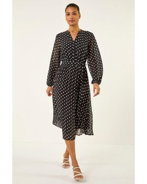 Roman Spot Print Pleated Midi Dress - Black