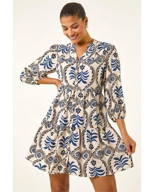 Roman Leaf Border Print Smock Dress - White