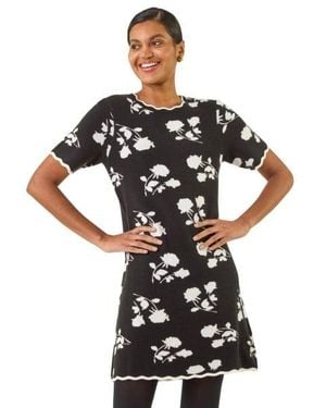 Roman Floral Print Scallop Knitted Dress - Black