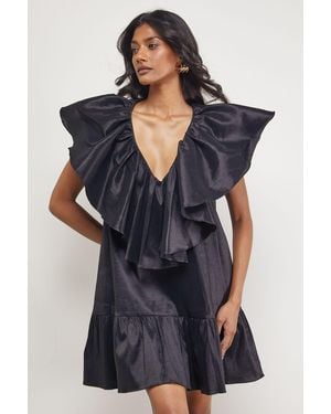Warehouse Taffeta Frill V Neck Smock Mini Dress - Blue