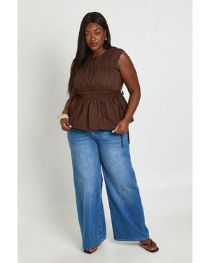 Boohoo Plus Shirred Poplin Top - Blue