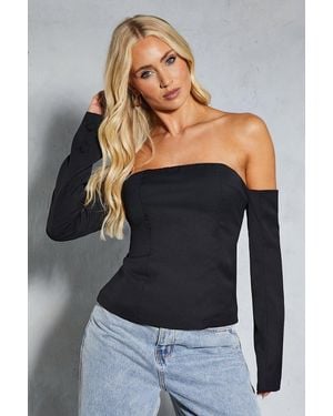 MissPap Top Cropped Long Sleeve Denim Strap Casual - Grey