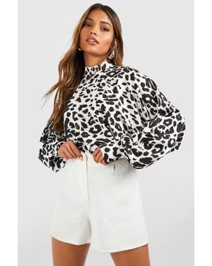 Boohoo Mono Print High Neck Blouse - Black
