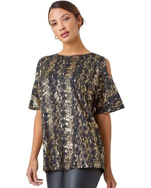 Roman Metallic Print Cold Shoulder Stretch Top - Black