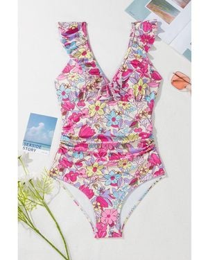 Azura Exchange Floral Ruffle Trim V Neck Lace-Up Back Tummy Control One Piece Swimsuit - Pink