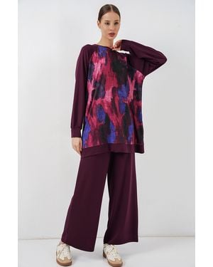 Bigdart Oversize Abstract Print Crew Neck Tunic & Trousers Set - Purple