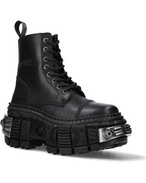 New Rock Metallic Leather Boots-Wall083C-S4 - Black