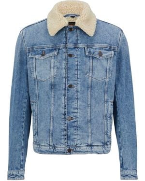 BOSS Livorno Solid Patterned Denim Jacket With Chest Pocket - Blue