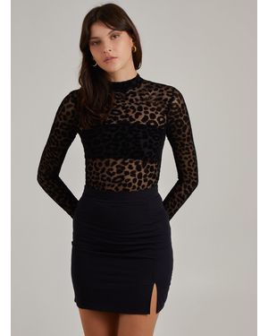 Pink Vanilla Animal Print Flocked Long Sleeve Bodysuit - Black