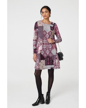 Izabel London Patchwork Long Sleeve Short Swing Dress - Red